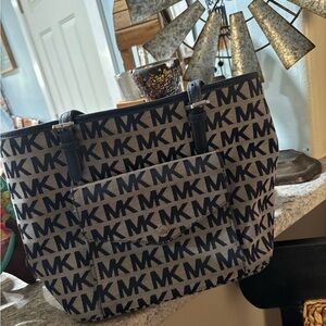 Michael Kors Navy and Beige MK Logo Tote with Front Pocket